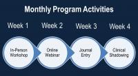 Graphic describing weekly GET-UPP activities: in-person workshop, online webinars, journal entries, clinical shadowing.